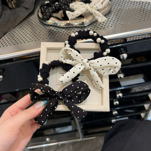 C廠【Y1050】韓系波點珍珠蝴蝶結髮圈女簡約高級感新款氣質紮頭髮皮筋髮繩髮飾
 26.01-1