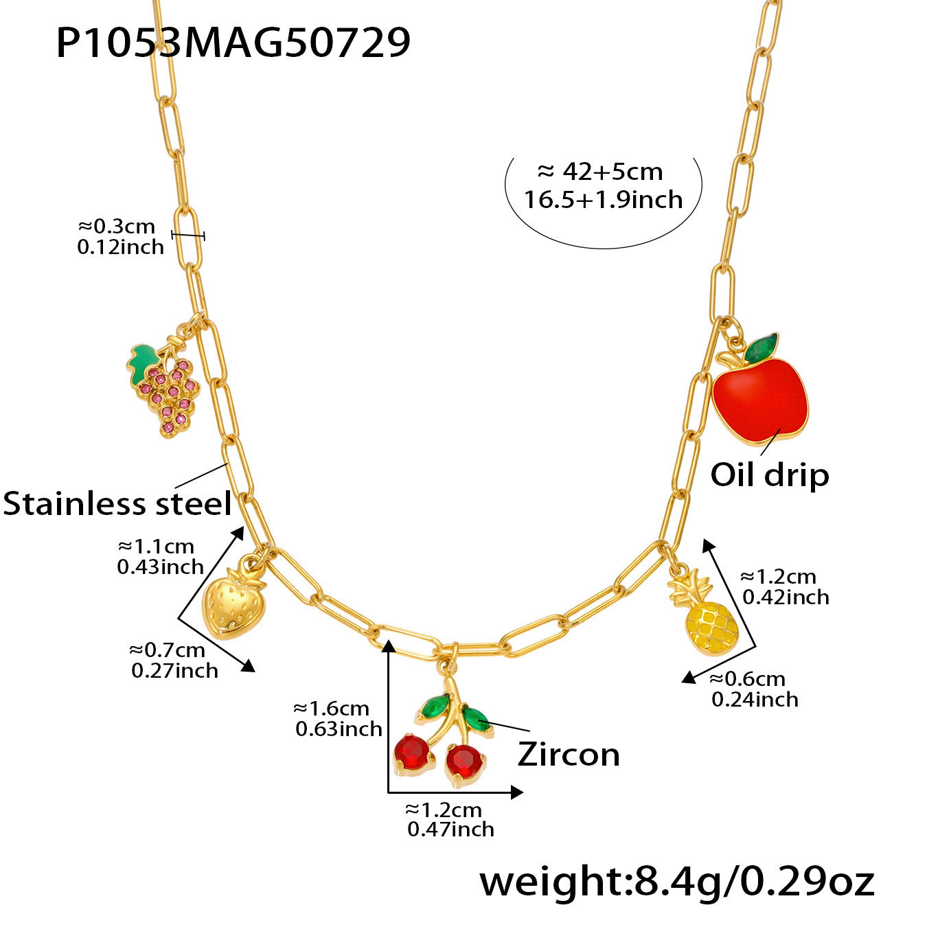 B廠【P1053】歐美時尚飾品不鏽鋼水果造型5A紅鋯石多配件鎖骨鏈滴油項鍊 25.08-2