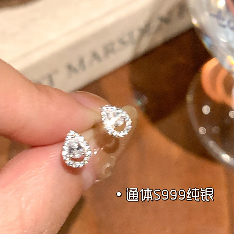 E廠【DQ10369E】S999純銀簡約小眾閃鑽水滴耳環女甜美氣質鑲鋯石通勤百搭耳飾
 25.10-3