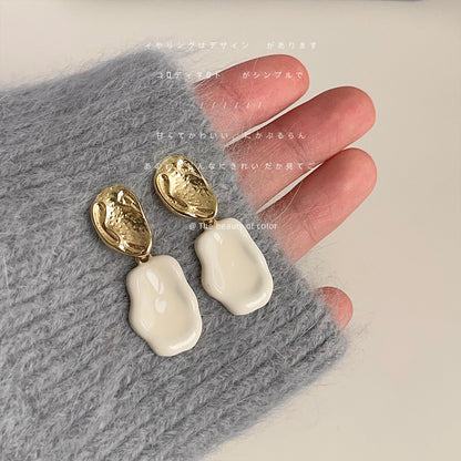 A廠【3346】法式奶白色滴釉鍍14K耳環女小眾不規則幾何時尚簡約百搭耳飾 25.07-4