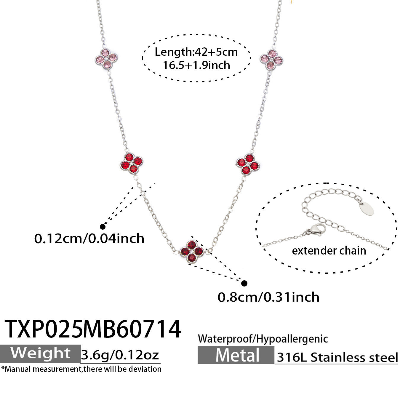 B廠【TXP025】歐美多巴胺系列四葉花不銹鋼鍍18k金 鑲嵌鋯石項鍊手鍊女飾品套裝
 26.07-4