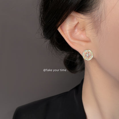 A廠【6472】原創文藝復古國潮紋樣彩繪琺瑯滴釉幾何氣質新款耳環耳環飾品 25.07-4