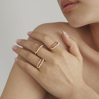 B廠【A054】歐美不鏽鋼雙層施家貝珠5A鋯石黏鑽側開口調整戒指鍍18k金 25.03-4