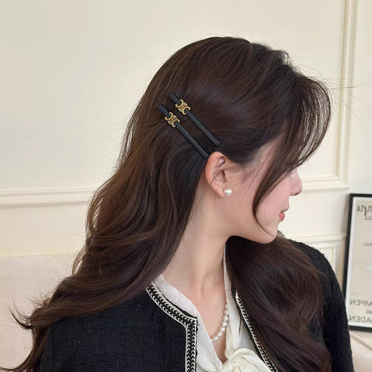 C廠【Y1073】法式復古皮質側邊黑色凱旋門瀏海髮夾女前額頭飾鴨嘴夾邊夾一字夾
 26.01-2