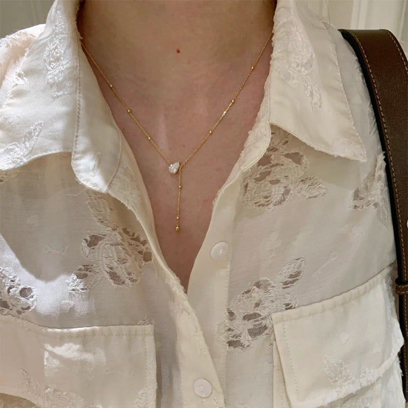 F廠【DQ0807N】S925純銀韓系精緻水滴Y型項鍊女高級感水滴形閃鑽流蘇鎖骨鏈  25.07-1