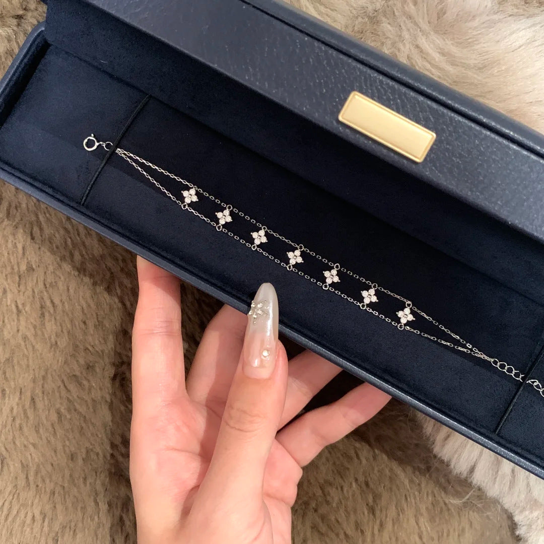 E廠【XDQ0708S】S925純銀韓版精緻四葉草雙層手鍊女輕奢時尚七朵花氣質手飾品
 25.12-2