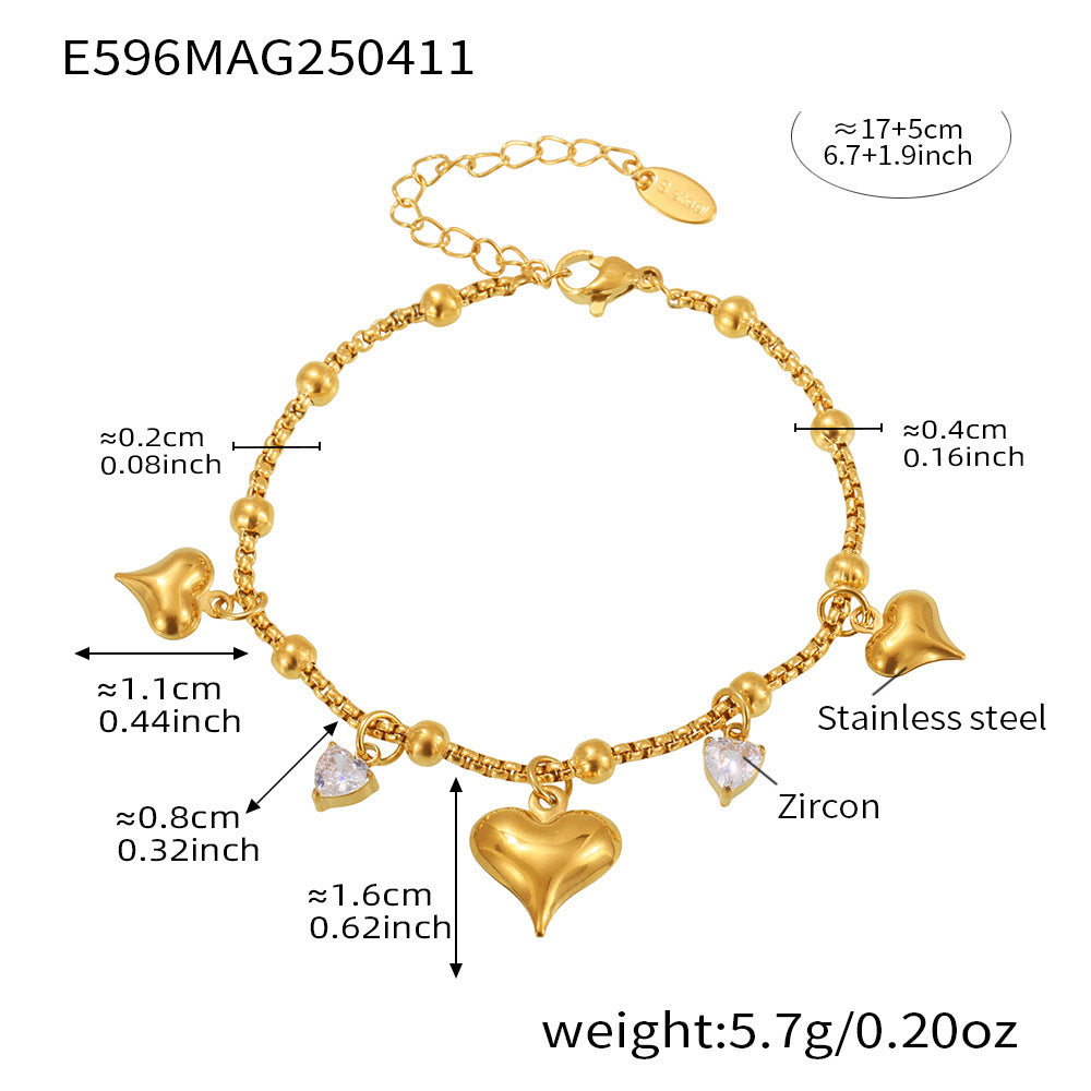 B廠【E596】歐美ins風小眾設計不銹鋼桃心鋯石多配件吊墜手鍊女鍍18k金 25.04-3