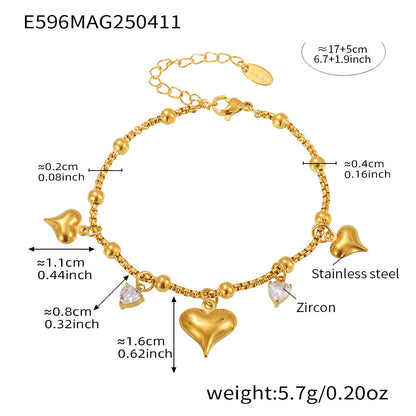 B廠【E596】歐美ins風小眾設計不銹鋼桃心鋯石多配件吊墜手鍊女鍍18k金 25.04-3