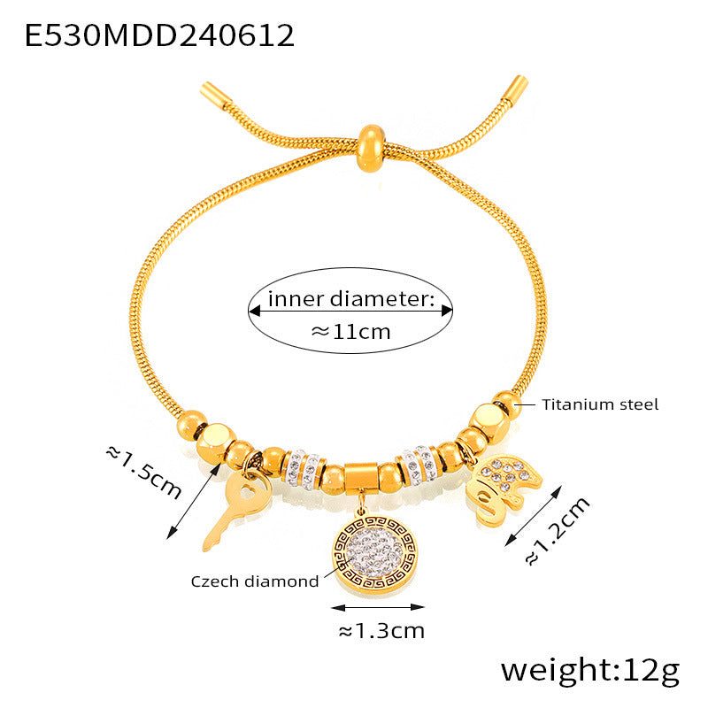 B廠【E530】歐美跨境多元素配件幾何鈦鋼鍍金鑲鑽抽拉繩手鍊時尚百搭個性飾品 24.06-3