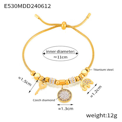 B廠【E530】歐美跨境多元素配件幾何鈦鋼鍍金鑲鑽抽拉繩手鍊時尚百搭個性飾品 24.06-3