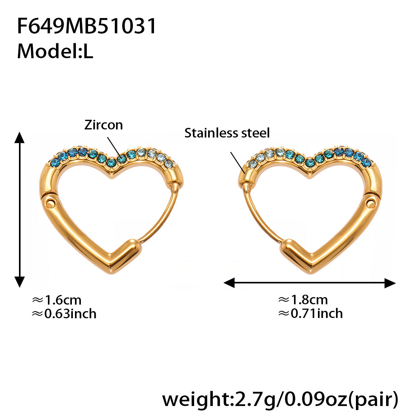 B廠【F649】跨境新款愛心彩色鋯石耳環耳環不鏽鋼鍍18k金時尚百搭耳飾
 25.11-1
