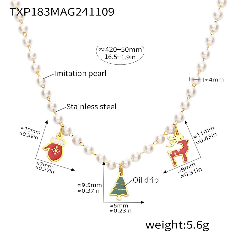 B廠【TXP183】歐美飾品不銹鋼聖誕樹手套麋鹿吊墜項鍊手鍊手工串貝珠套裝 24.11-3