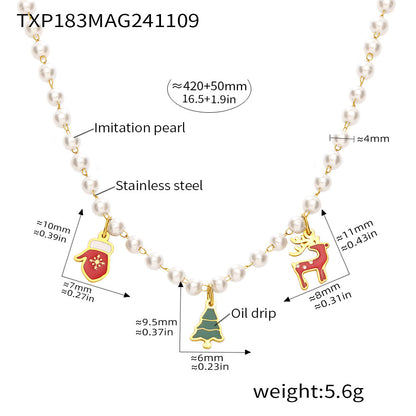 B廠【TXP183】歐美飾品不銹鋼聖誕樹手套麋鹿吊墜項鍊手鍊手工串貝珠套裝 24.11-3