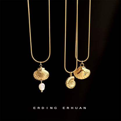 A廠【5663】歐美夏日沙灘度假風貝殼海螺304不鏽鋼鍍18K真金保色項鍊鎖骨鍊女 25.03-1