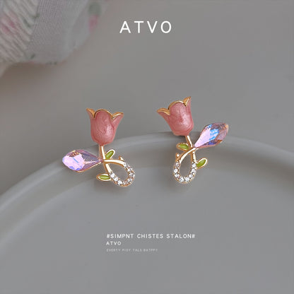 A廠 【2268】油畫感甜美鬱金香耳環小眾設計感藤蔓鋯石粉色花朵可愛少女感耳飾
 26.03-3