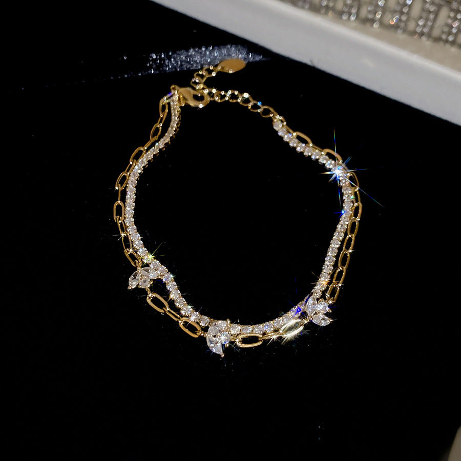 A廠【HB4880】18k真金電鍍雙層鋯石花朵手鍊韓系ins優雅手環輕奢高級感氣質手飾
 25.11-1