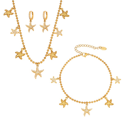 B廠【TXP478】跨境新款不鏽鋼鋯石海星吊墜耳環項鍊手鍊套組簡約鑲鑽配件
 25.11-3