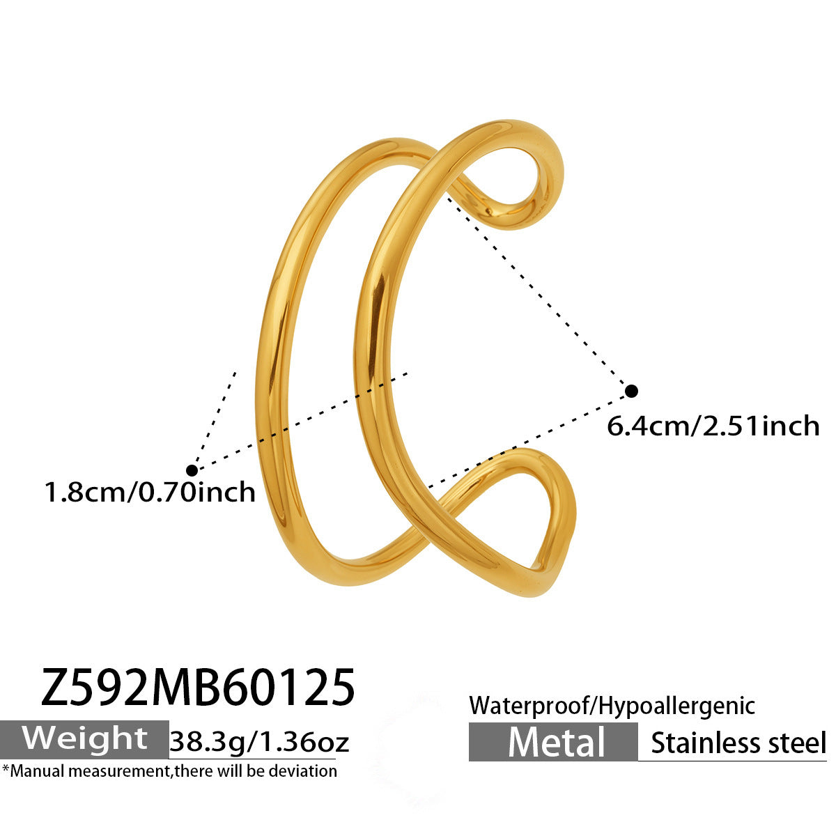 B廠【Z592】韓版ins簡約雙圈弧形開口手鐲小眾設計高級感不鏽鋼鍍18k真金手鐲
 26.01-4