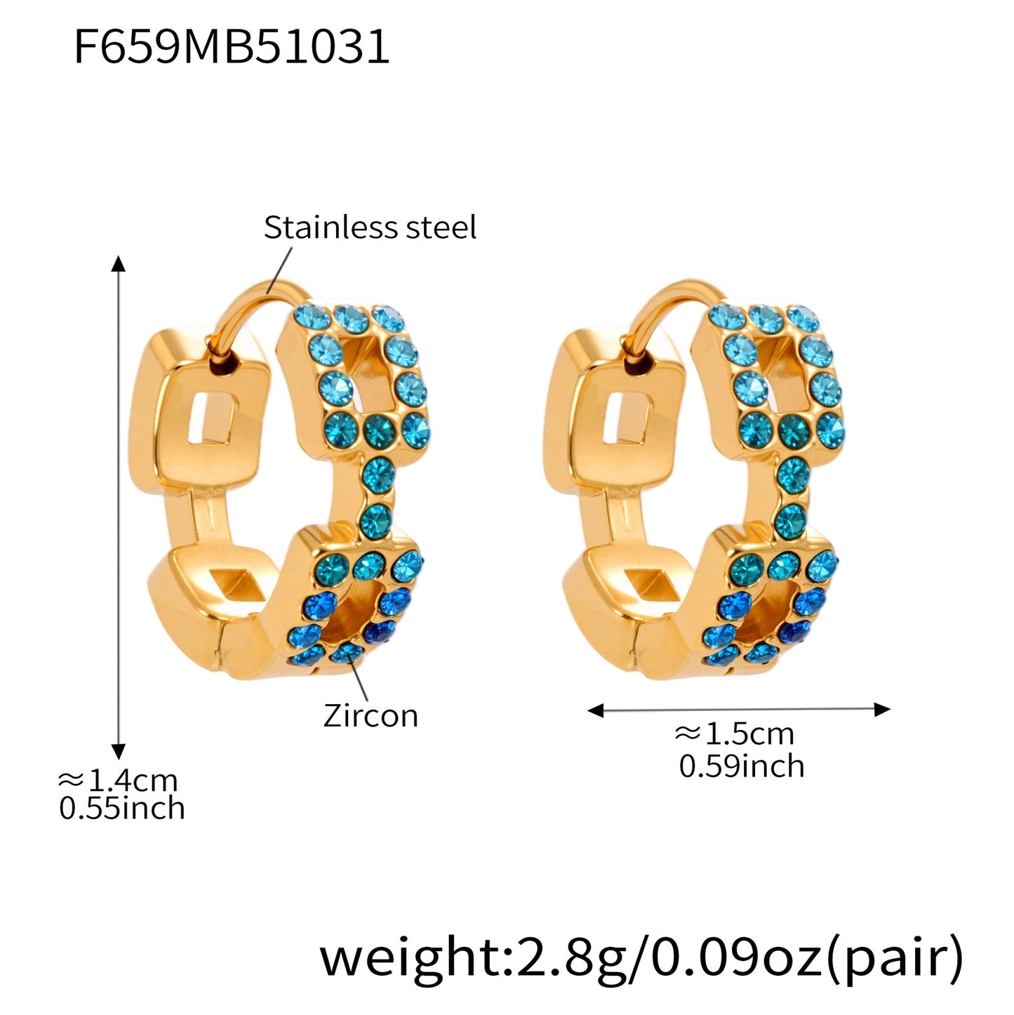 B廠【F659】方塊彩鑽鋯石超閃精緻小耳扣耳環不鏽鋼鍍18k真金百搭耳飾
 25.11-1
