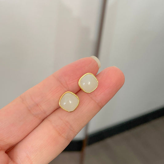 E廠【XDQ11284E】S925純銀新中式天然和田玉耳環高級感輕奢小方糖玉石耳飾品女
 26.01-2