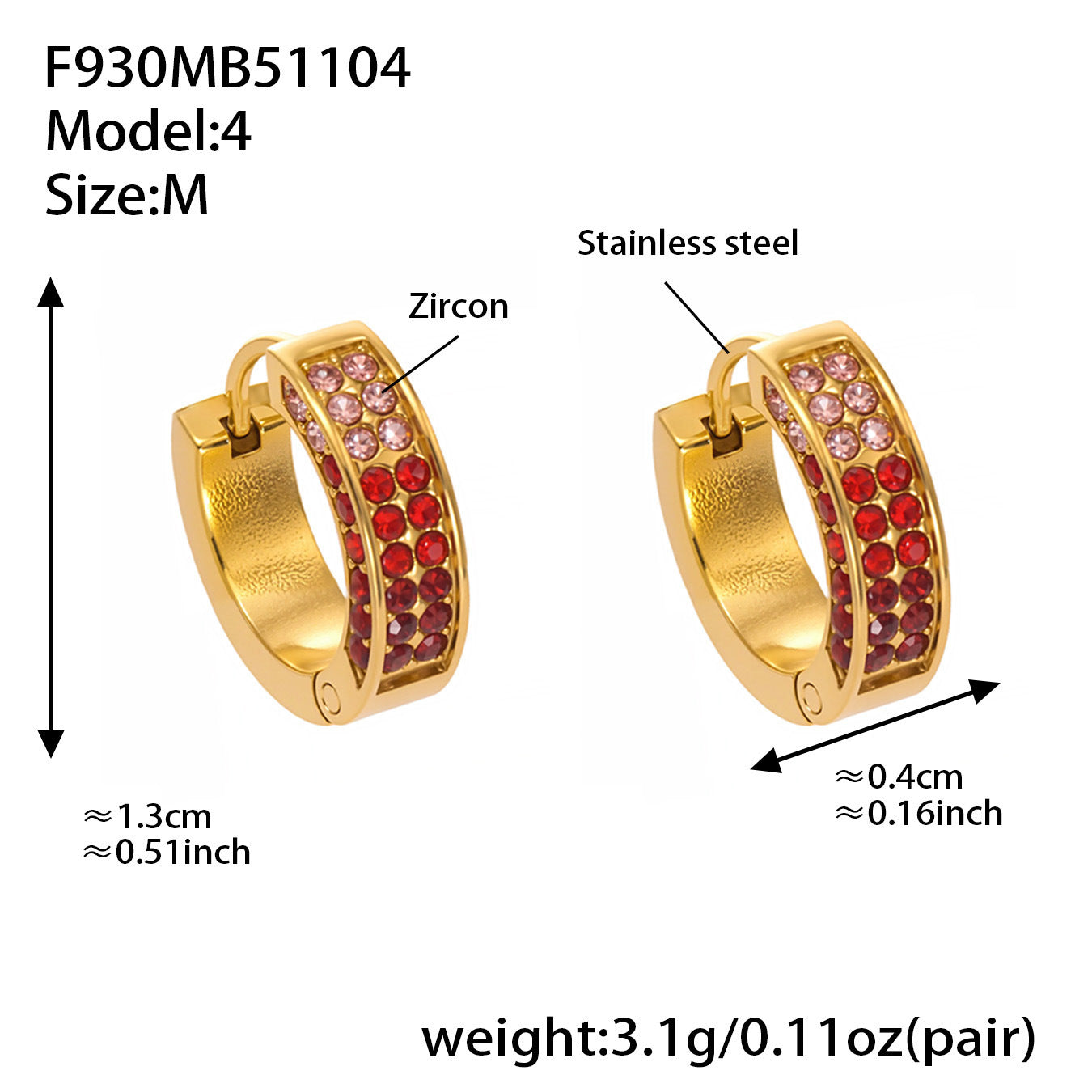 B廠【F930】ins風高品質彩色5A鋯石圓圈卡扣耳環不鏽鋼鍍18k真金耳飾女
 25.11-2