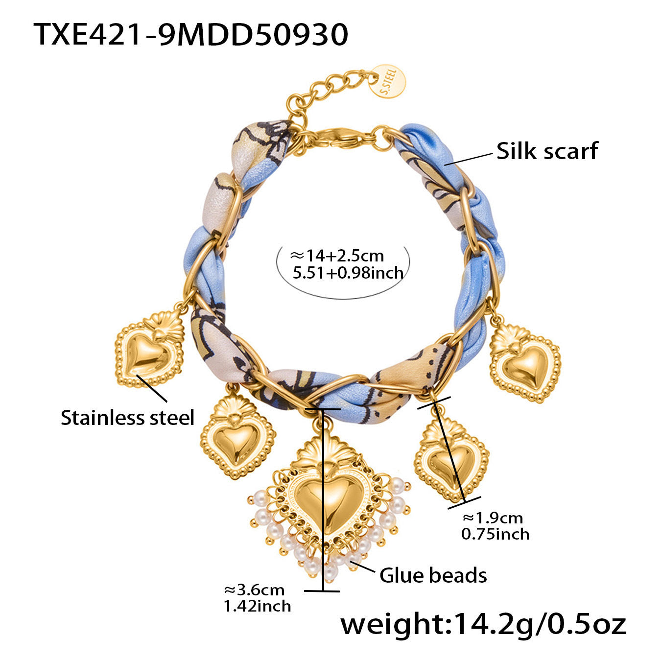 B廠【TXP421】歐美復古絲巾不銹鋼多愛心吊墜項鍊手鍊設計小眾首飾套裝女
 25.10-3