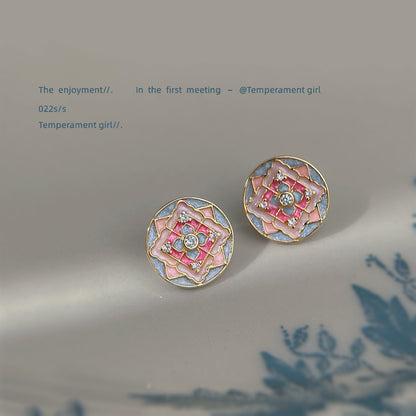 A廠【6472】原創文藝復古國潮紋樣彩繪琺瑯滴釉幾何氣質新款耳環耳環飾品 25.07-4