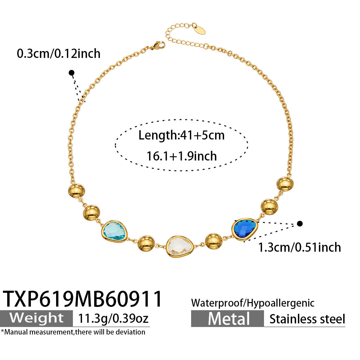 B廠【TXP619】歐美風彩面玻璃石不銹鋼鍍金不規則高級感不掉色項鍊手鍊套裝飾品 26.09-3