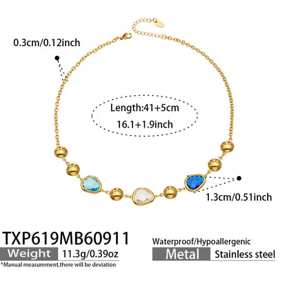 B廠【TXP619】歐美風彩面玻璃石不銹鋼鍍金不規則高級感不掉色項鍊手鍊套裝飾品 26.09-3