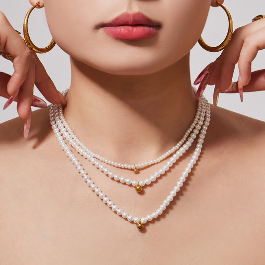 B廠【TXP157】法式時尚精緻女款貝珠串珠項鍊手鍊不鏽鋼小鋼珠個性設計飾品套裝
 26.03-2