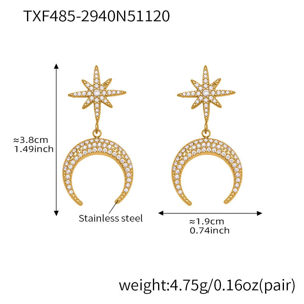 B廠【TXP485】歐美熱銷新品不銹鋼5A鋯石八芒星月牙吊墜耳環項鍊首飾套裝
 25.11-4