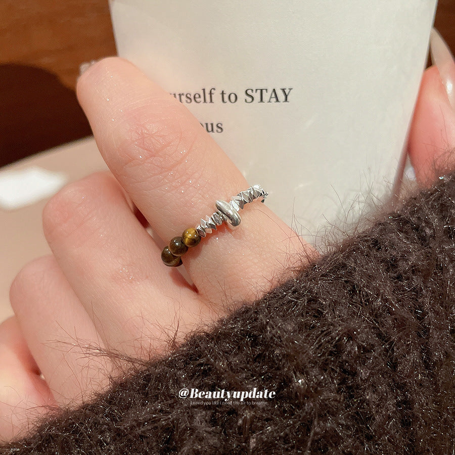 A廠【HR2812 】碎銀虎眼石串珠戒指女新款美拉德食指戒新中式復古民族風咖色指環
 25.11-2