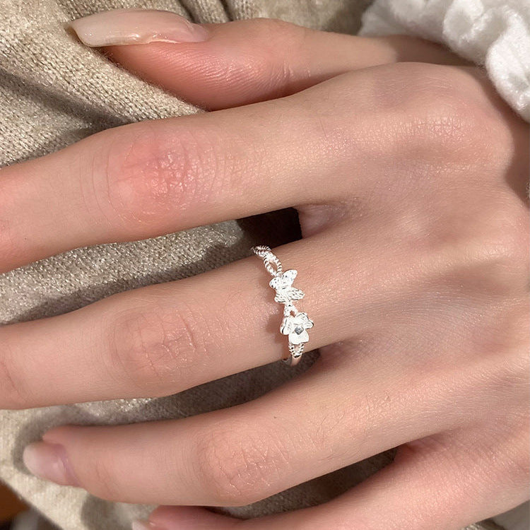 E廠【XDQ8096R】S925純銀韓版不規則蝴蝶花朵戒指女時尚氣質百搭疊戴開口指環 26.07-3