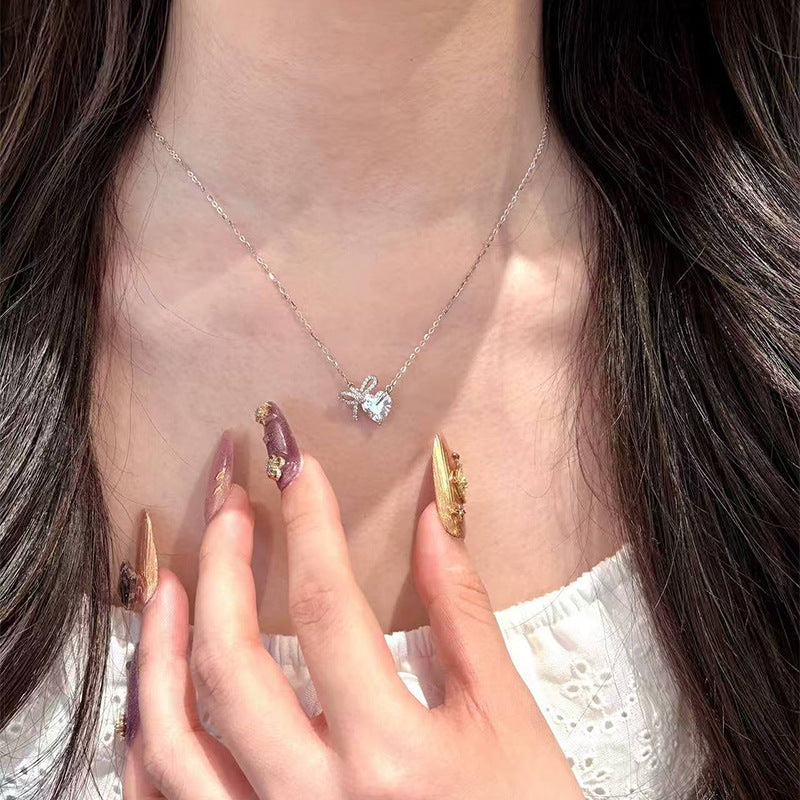 F廠【XDQ0468N】小眾輕奢高級感鎖骨鏈S999純銀甜美少女心蝴蝶結愛心鋯石項鍊
 25.11-1