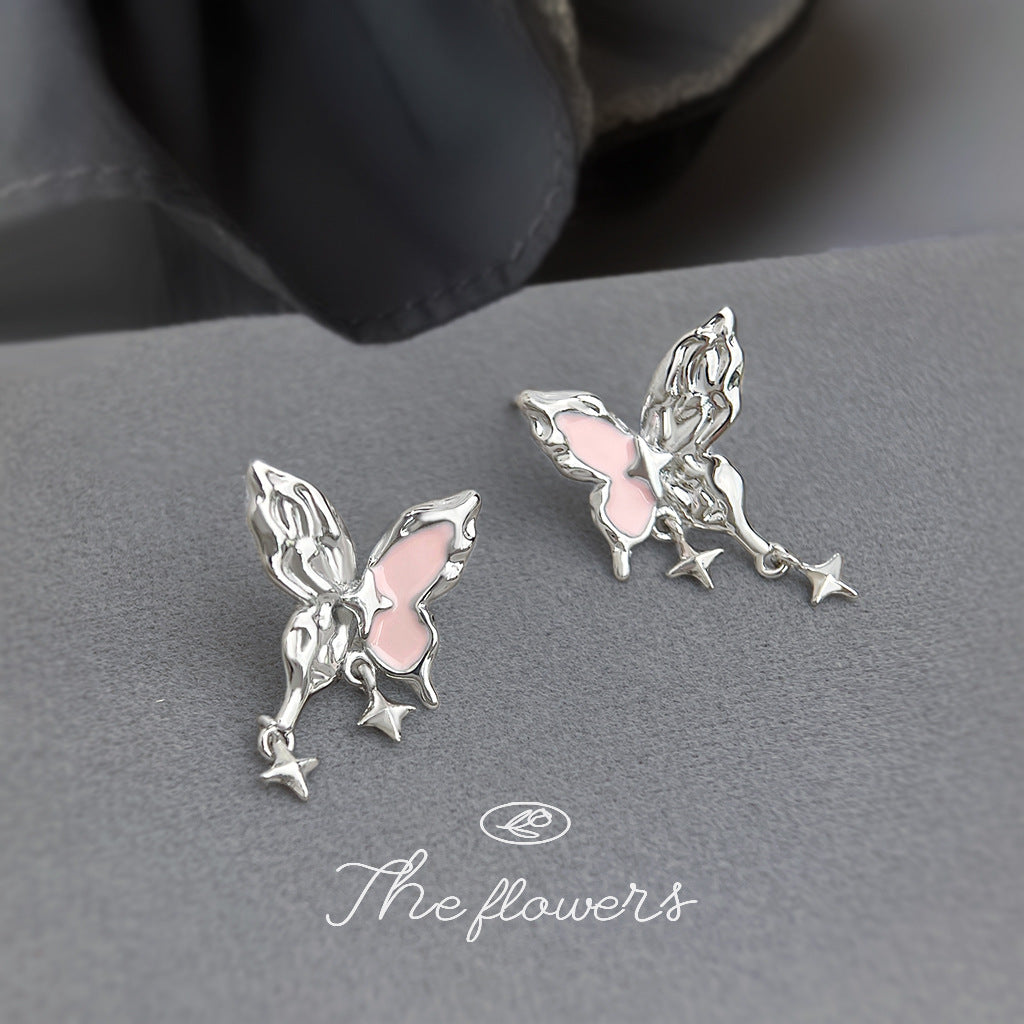 A廠【6345】甜酷女孩！ 925銀針粉紅琺瑯滴油液態肌理紋芒星蝴蝶新款耳飾耳環
 25.11-4