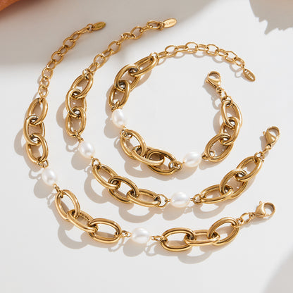 B廠【E043】跨境飾品不鏽鋼手工鏈串貝珠手鍊鍍18k真金小眾設計手飾品
 25.10-1