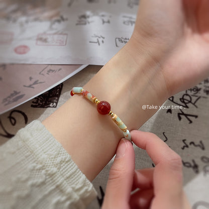 A廠【S207】全新中式天然石紅瑪瑙壽山石原創設計師款手工手鍊文藝新手飾 25.03-4