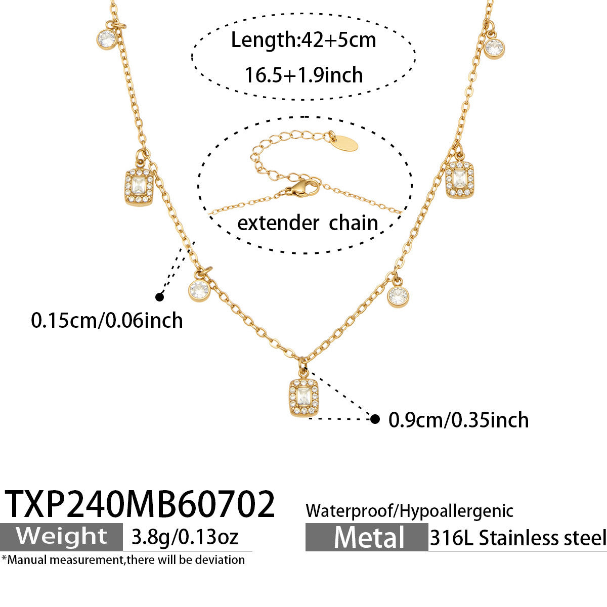 B廠【TXP240】輕奢ins風愛心方塊吊墜不銹鋼鍍18k金 鑲鋯石手鍊項鍊女飾品套裝 26.07-2
