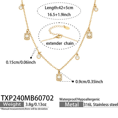 B廠【TXP240】輕奢ins風愛心方塊吊墜不銹鋼鍍18k金 鑲鋯石手鍊項鍊女飾品套裝 26.07-2