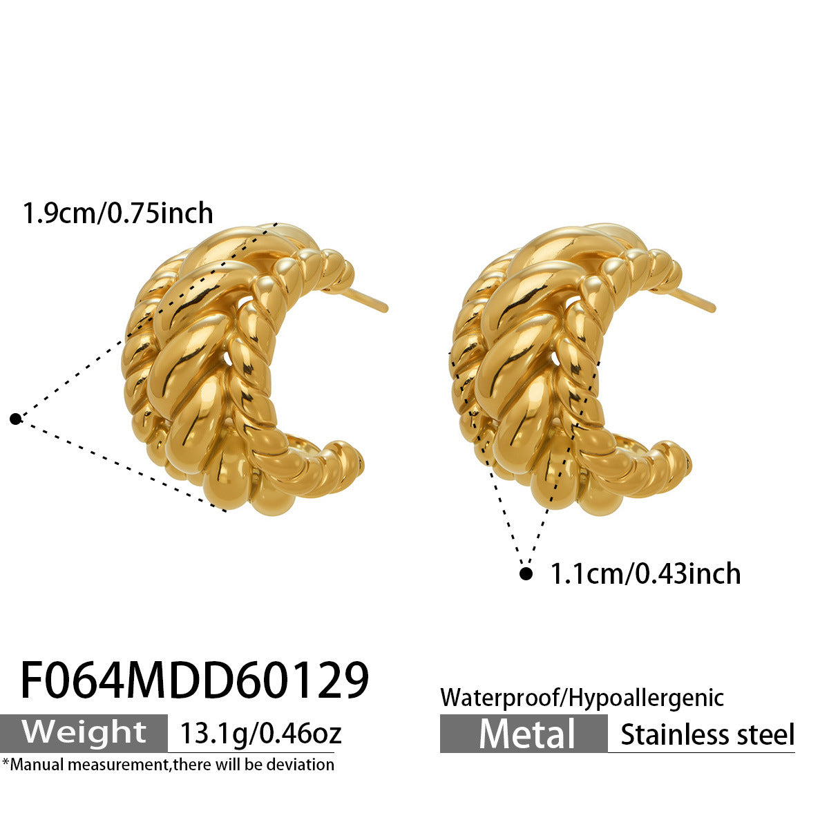 B廠【F064】歐美ins小眾設計麻花紋理C型耳環輕奢簡約時尚耳環不鏽鋼鍍18k金
 26.02-1