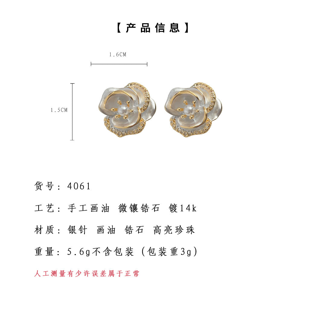 C廠【4061】小香風微鑲鋯石立體花朵鍍14K山茶花耳環氣質優雅高級感銀針耳飾 24.05-3