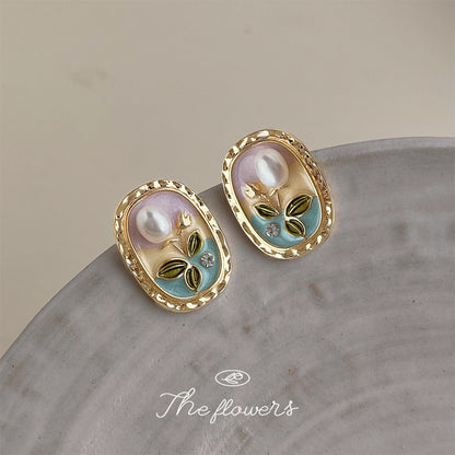 A廠【6355】淡水珍珠清新甜美田園風925銀針電鍍14K油畫質感琺瑯釉耳飾耳環女 25.08-1