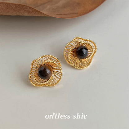 C廠【6976】美拉德風文藝復古虎眼石天然石秋冬爆款新款幾何鏤空花朵耳環耳環
 25.10-5