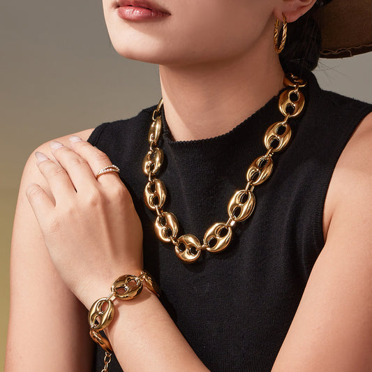 B廠【TXP466】時尚輕奢風光面橢圓形豬鼻子項鍊手鍊套裝不銹鋼鍍18k真金
 25.11-3