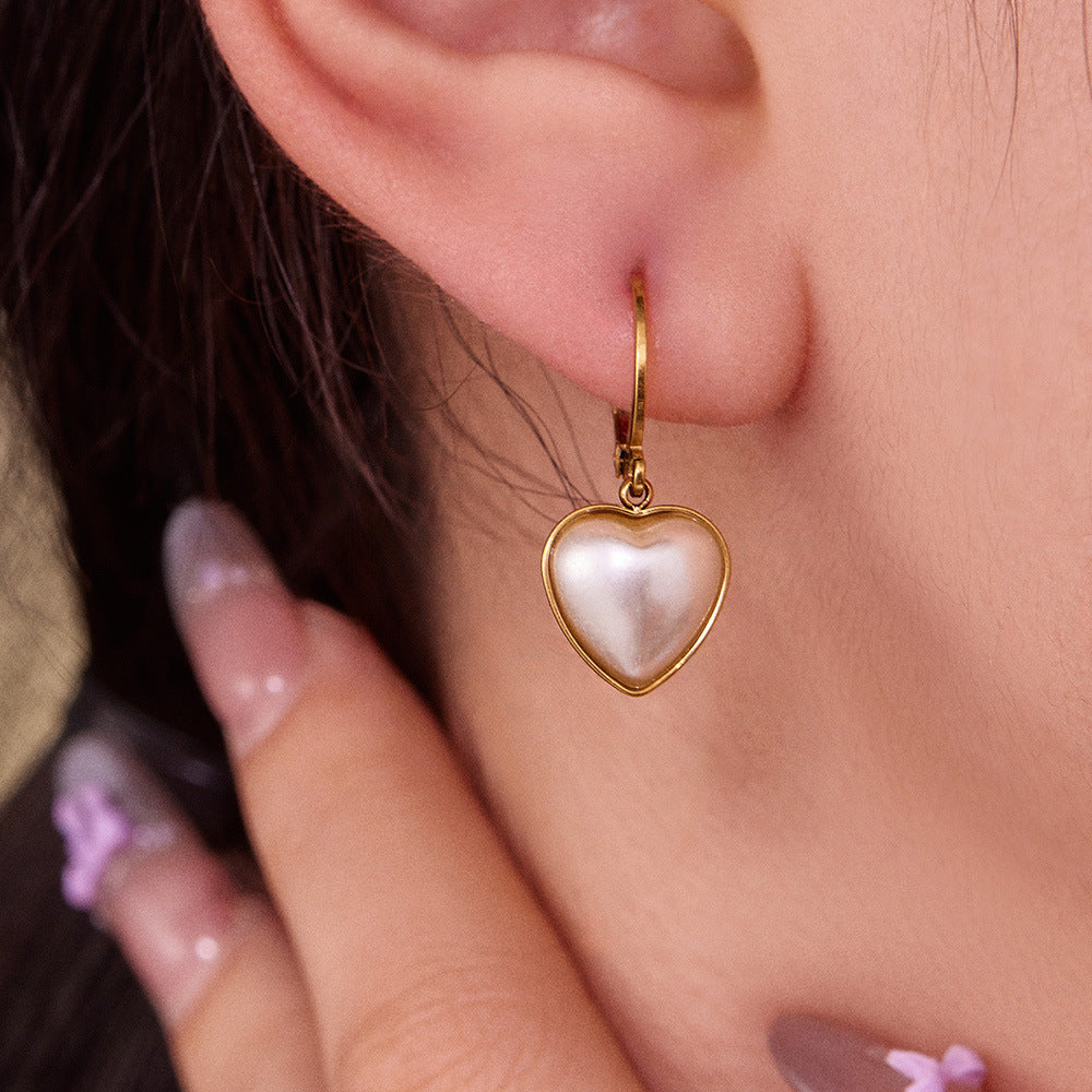 B廠【F017】跨國新款飾品不鏽鋼愛心貝珠吊墜耳環鍍18k真金耳環不掉色
 25.11-1