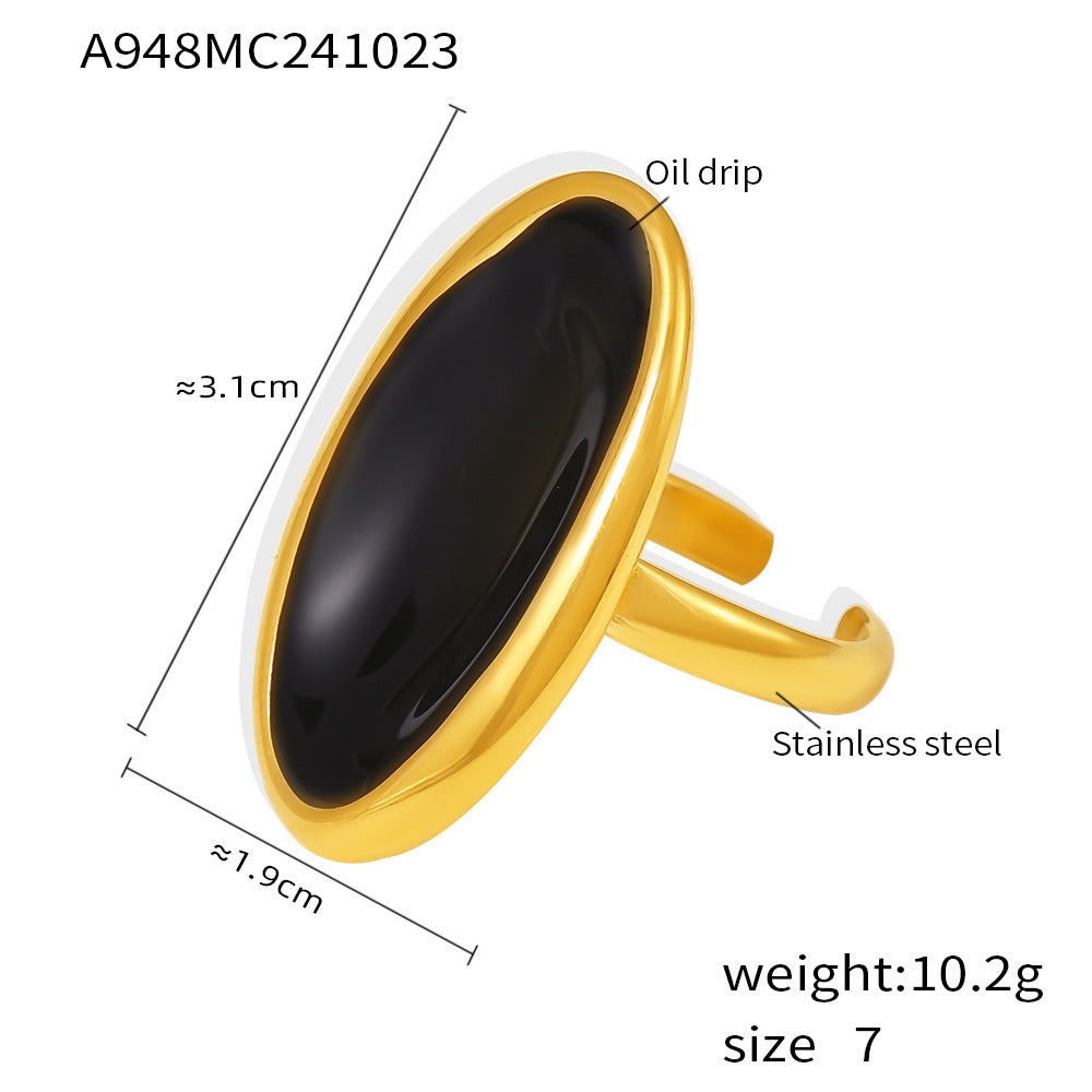 B廠【A948】 法式橢圓開口戒指輕奢感滴油重工鑄造不鏽鋼PVD鍍真金保色 24.11-2