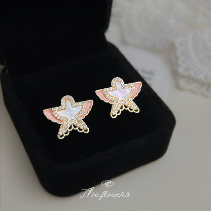 C廠【6855】原創飛燕~真貝殼微鑲鋯石彩繪925銀針風箏耳環氣質小香風耳飾
 25.10-4