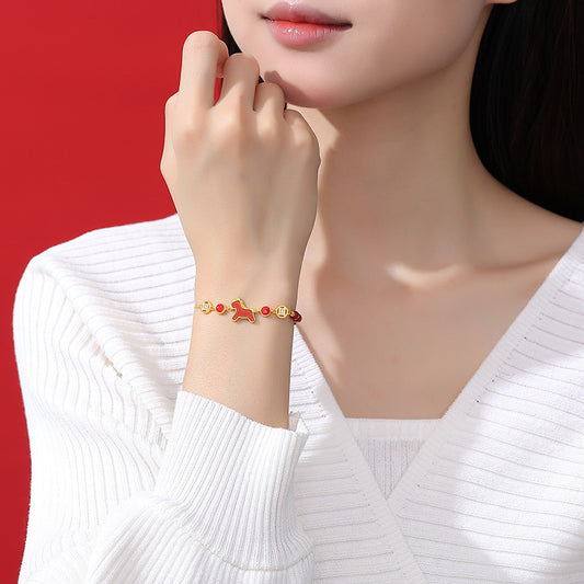 E廠【DQ1227S】蒂原創馬上有錢紅瑪瑙手鍊女S925純銀復古國潮本命年馬年手飾品
 25.12-4