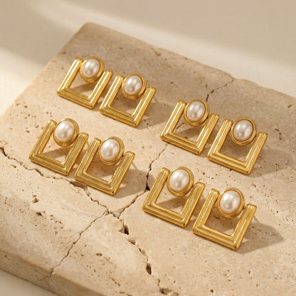 B廠【F221】歐美ins小眾設計感幾何方型仿珍珠耳環不鏽鋼鍍18k真金耳環不掉色
 26.04-3