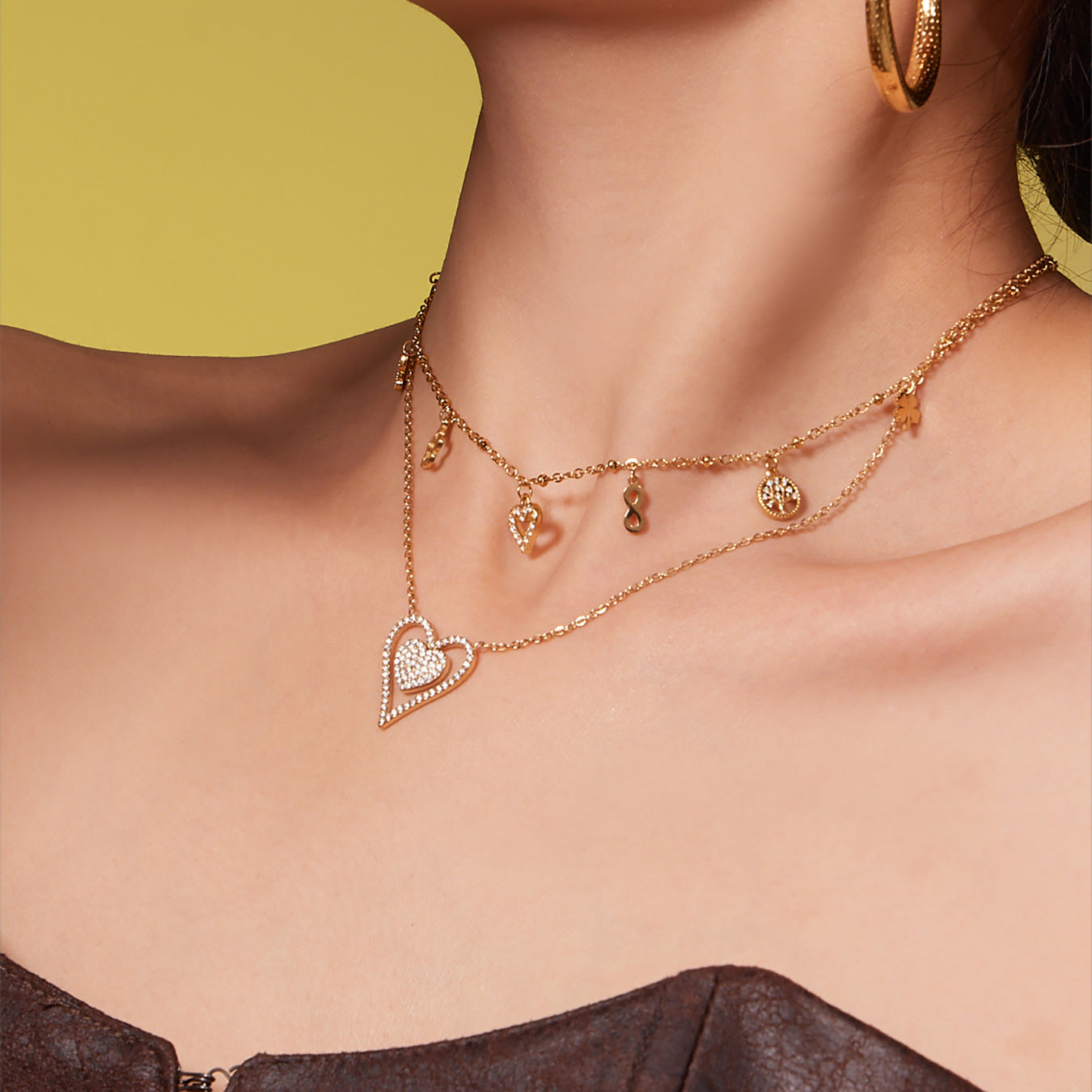B廠【P874】跨境新款靈動愛心滿鑽鋯石吊墜雙層鎖骨項鍊不鏽鋼鍍18k金
 25.11-4